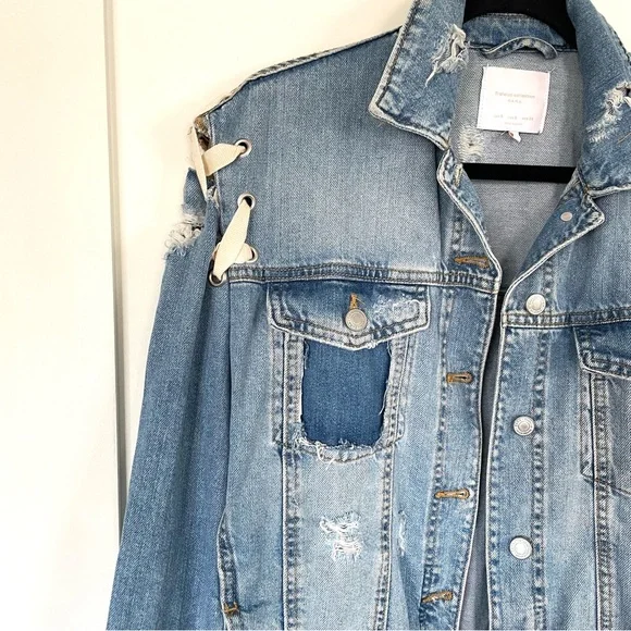 Zara Distressed Lace Up Denim Jacket - Picture 3 of 6